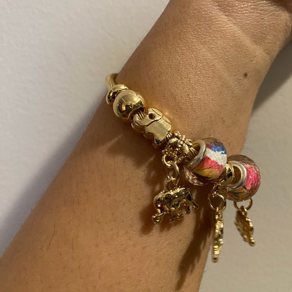 Plated Stainless Steel Charm Bangle Bracelet Elephant Pink Crystal - Picture 7 of 13